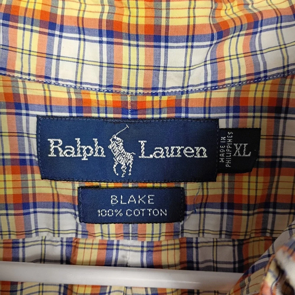 Ralph‎ Lauren Blake Mens XL Short Sleeve Plaid Button Down Shirt Orange Blue